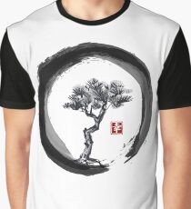 Japanese Pine Tree in Enso Zen Circle - Vintage Japanese Ink Graphic T-Shirt