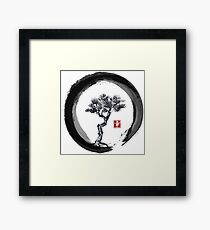Japanese Pine Tree in Enso Zen Circle - Vintage Japanese Ink Framed Print