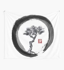 Japanese Pine Tree in Enso Zen Circle - Vintage Japanese Ink Wall Tapestry