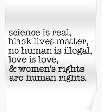 Wissenschaft ist real, schwarze Leben sind wichtig, Liebe ist Liebe und Frauenrechte sind Menschenrechte Poster