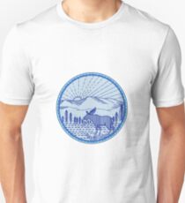 Elch-Fluss-flache Gebirgs-Sonnendurchbruch-Kreis-Monolinie Unisex T-Shirt