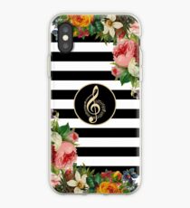 Musical Notes On Vintage Flowers And Black And White Stripes iPhone Case