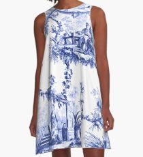 Blaue Chinoiserie Toile A-Linien Kleid