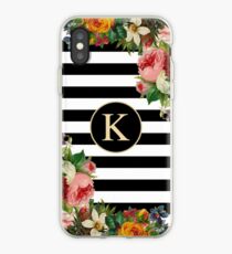 Monogram K On Vintage Flowers And Black And White Stripes iPhone Case