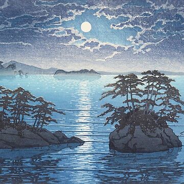 Full Moon at Futago Island, Japan tropical tropical Pacific Islands  landscape nautical painting by Hasui Kawase in ocean blue art print | Poster