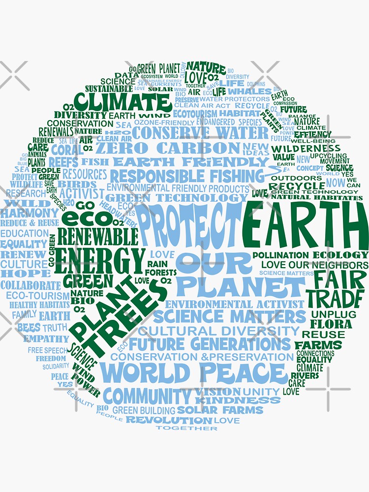 "Protect Earth Blue Green Words for Earth" Sticker by jitterfly