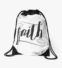 Faith Calligraphy Typography with Floral Border Drawstring Bag