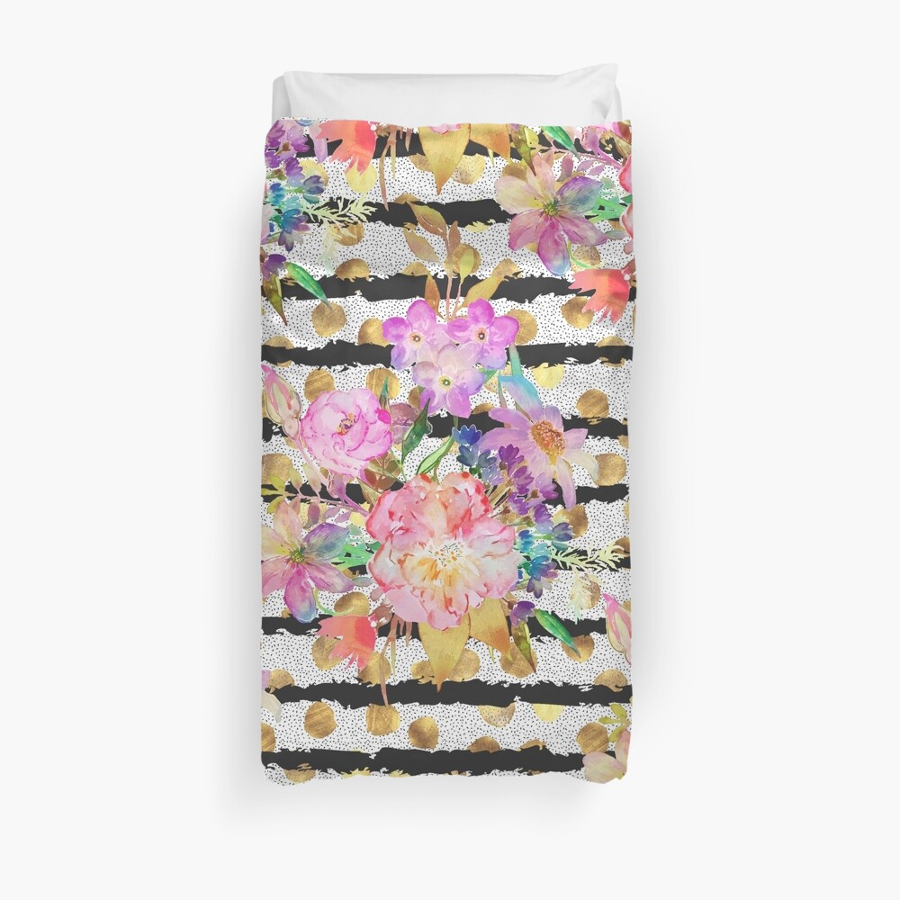 Elegant spring flowers and stripes design Duvet Cover