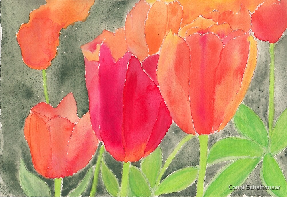 “Orange And Red Tulips” by Conni Schaftenaar | Redbubble