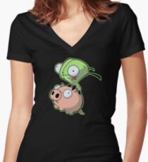 Gir riding his Pig Women's Fitted V-Neck T-Shirt