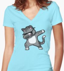 Dabbing Cat Funny Hip Hop T-shirt Women's Fitted V-Neck T-Shirt
