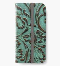 Aqua Flowers Tooled Leather iPhone Wallet/Case/Skin