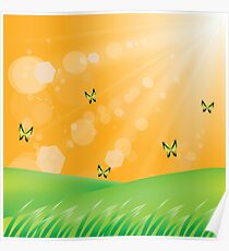 Spring Time Landscape. Sun Rays with Flare and Lens. Butterflies Fly Over The Field with Green Grass Poster