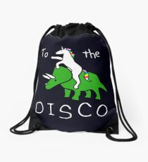 Mochila saco To The Disco (texto blanco) Unicorn Riding Triceratops
