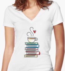 Cup of Tea and Books T-Shirt. Cute Gift for Book Lovers Women's Fitted V-Neck T-Shirt
