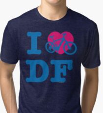 I Love Cycling DF Blue Pink / Yo Amo andar en Bicicleta en el DF / Chilango Pride / Orgullo Chilango Tri-blend T-Shirt
