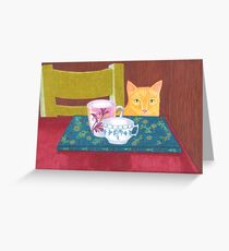 still life with cat and coffeecups Greeting Card