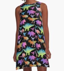 Dinosaur rainbow on black A-Line Dress
