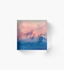 Snow Mountain at Pink Sunset Acrylic Block