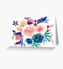 Blue Purple Pink Peach Flower in Watercolor Painting Greeting Card