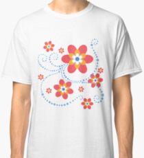 rot-orange-weiß-blaue Blumen mit blauen Punktspiralen Classic T-Shirt