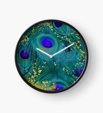 Dreamy peacock feathers, teal and purple, glimmering gold Clock