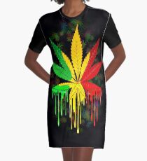 Marijuana Leaf Rasta Colors Dripping Paint Graphic T-Shirt Dress