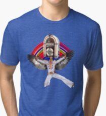Elvis Brings Forth the Jukebox from the Rainbow in His Magnificent Wings Tri-blend T-Shirt