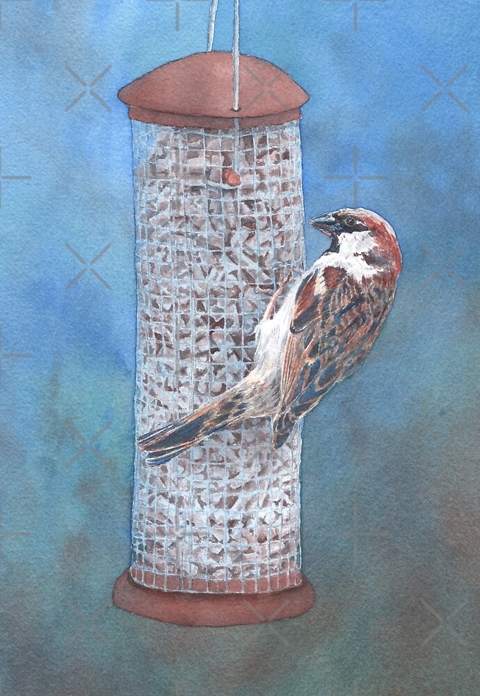 Sparrow on a Bird Feeder by MotiBlack