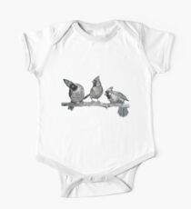 Birds on a wire, birds on the branch, Three Northern Cardinals, Drawing Art, nature, feather, black, white, animals, winter, outdoors, wildlife, minimal, abstract, zen, meditative One Piece - Short Sleeve