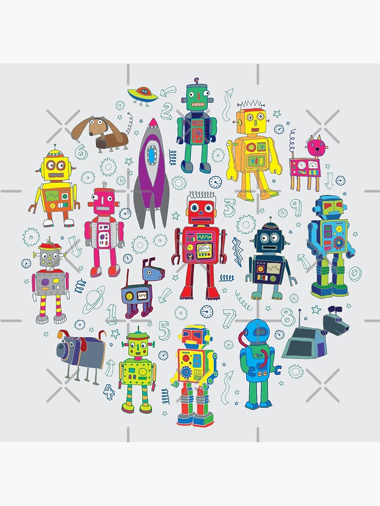 Robots in Space - grey - fun Robot pattern by Cecca Designs by Cecca-Designs