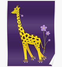 Purple Cartoon Funny Giraffe Roller Skating Poster