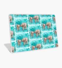 Baby Elephant Love - sepia on teal watercolour Laptop Skin