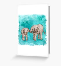 Baby Elephant Love - sepia on teal watercolour Greeting Card