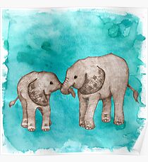 Baby Elephant Love - sepia on teal watercolour Poster