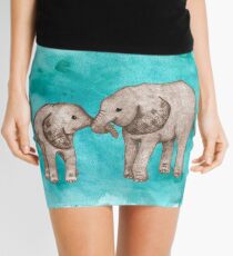 Baby Elephant Love - sepia on teal watercolour Mini Skirt