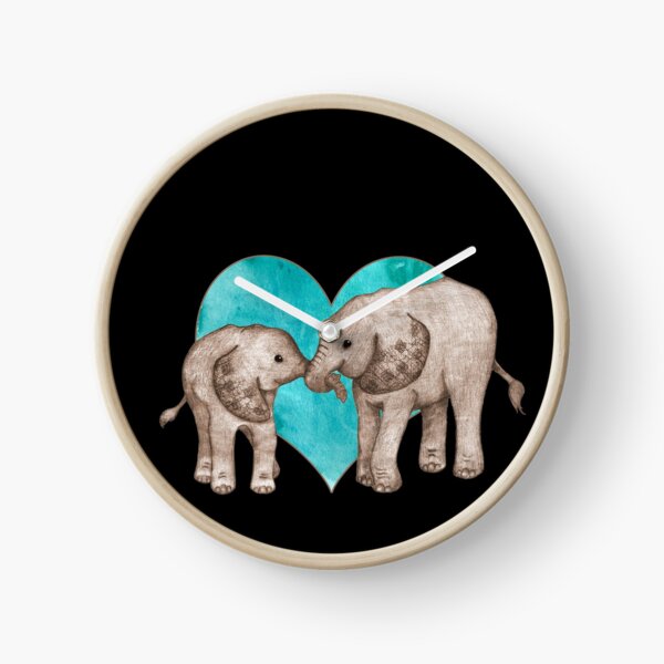 Baby Elephant Love - sepia on teal watercolour Clock