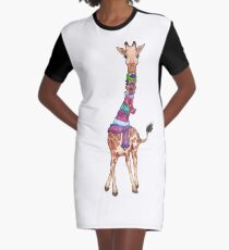 Cold Outside - Cute Giraffe Illustration Graphic T-Shirt Dress