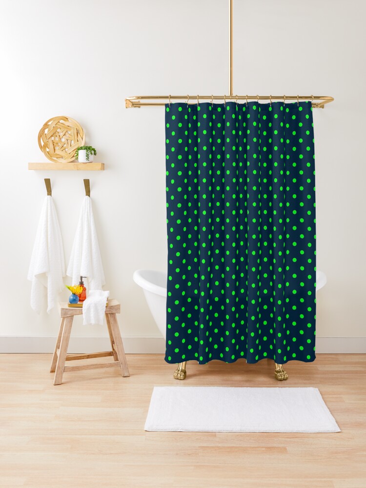 Mini Navy And Neon Lime Green Polka Dots Shower Curtain By