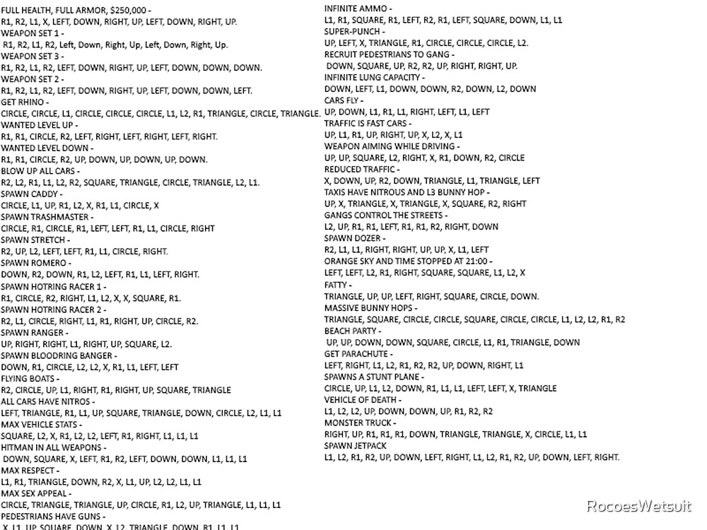 Gta San Andreas Ps2 Cheat List By Rocoeswetsuit Redbubble