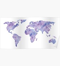 World Map Light Blue Purple Indigo Watercolor Poster