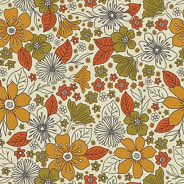 Artwork thumbnail, 1970s Retro Floral in Olive, Gold & Orange by somecallmebeth