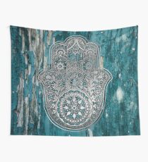 Silver Hamsa Hand On Turquoise Wood Wall Tapestry