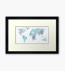 World Map Ocean Blue Watercolor Framed Print