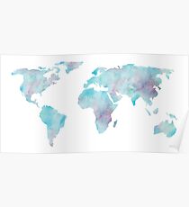 World Map Ocean Blue Watercolor Poster