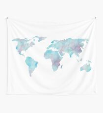 World Map Ocean Blue Watercolor Wall Tapestry