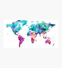 World Map Turquoise Pink Blue Green Photographic Print