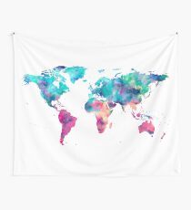 World Map Turquoise Pink Blue Green Wall Tapestry