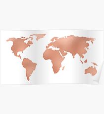 World Map Rose Gold Bronze Copper Metallic Poster