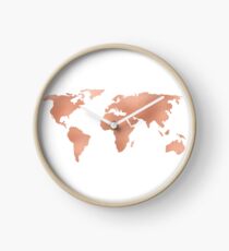 World Map Rose Gold Bronze Copper Metallic Clock